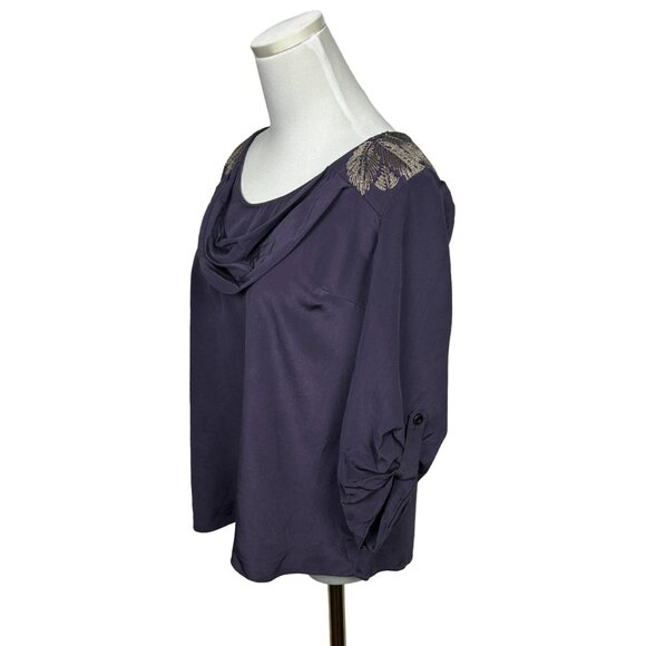 Tibi Blouse Women 4 100% Silk Roll Tab Sleeve Purple Embellished Beaded Feathers - Picture 3 of 12